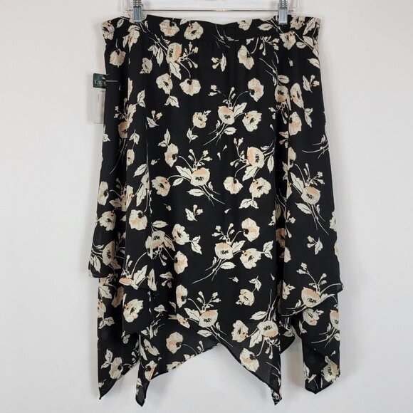 Ralph Lauren LRL Floral Midi Skirt Womens Size 1X Black Flowy Asymmetrical Hem - Picture 2 of 12